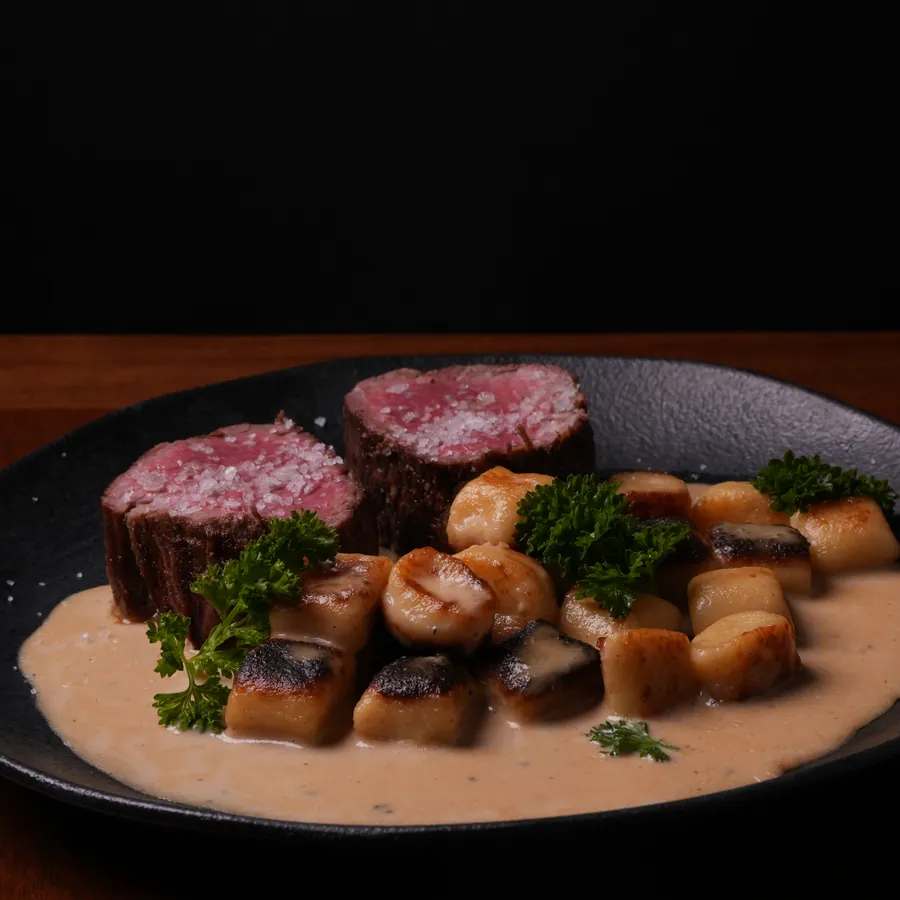 Medalhões de filé mignon com nhoque de batata ao molho de gorgonzola