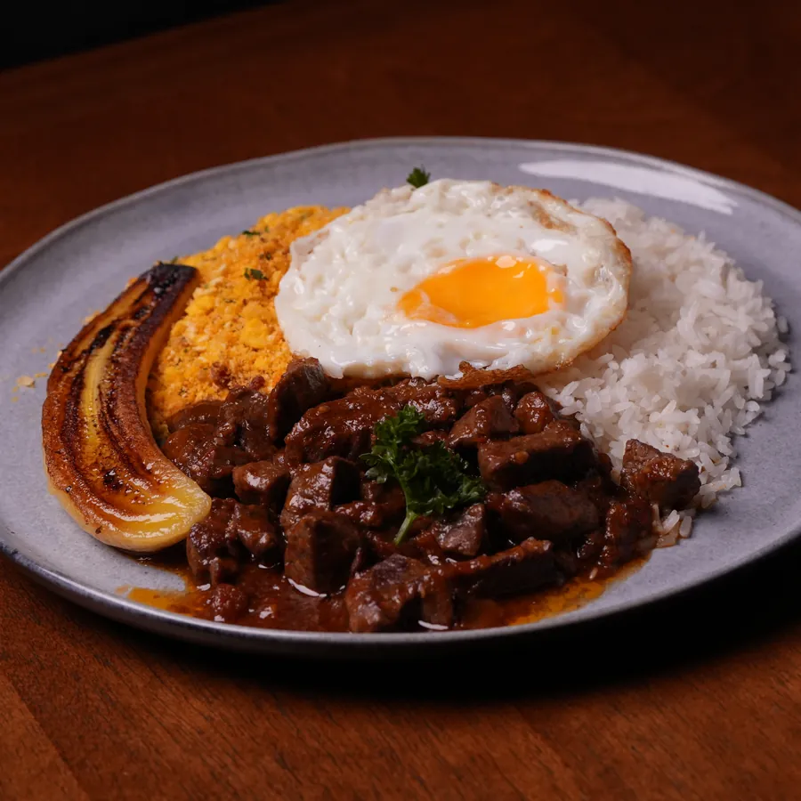 Picadinho de filé mignon com arroz, ovo frito e banana grelhada
